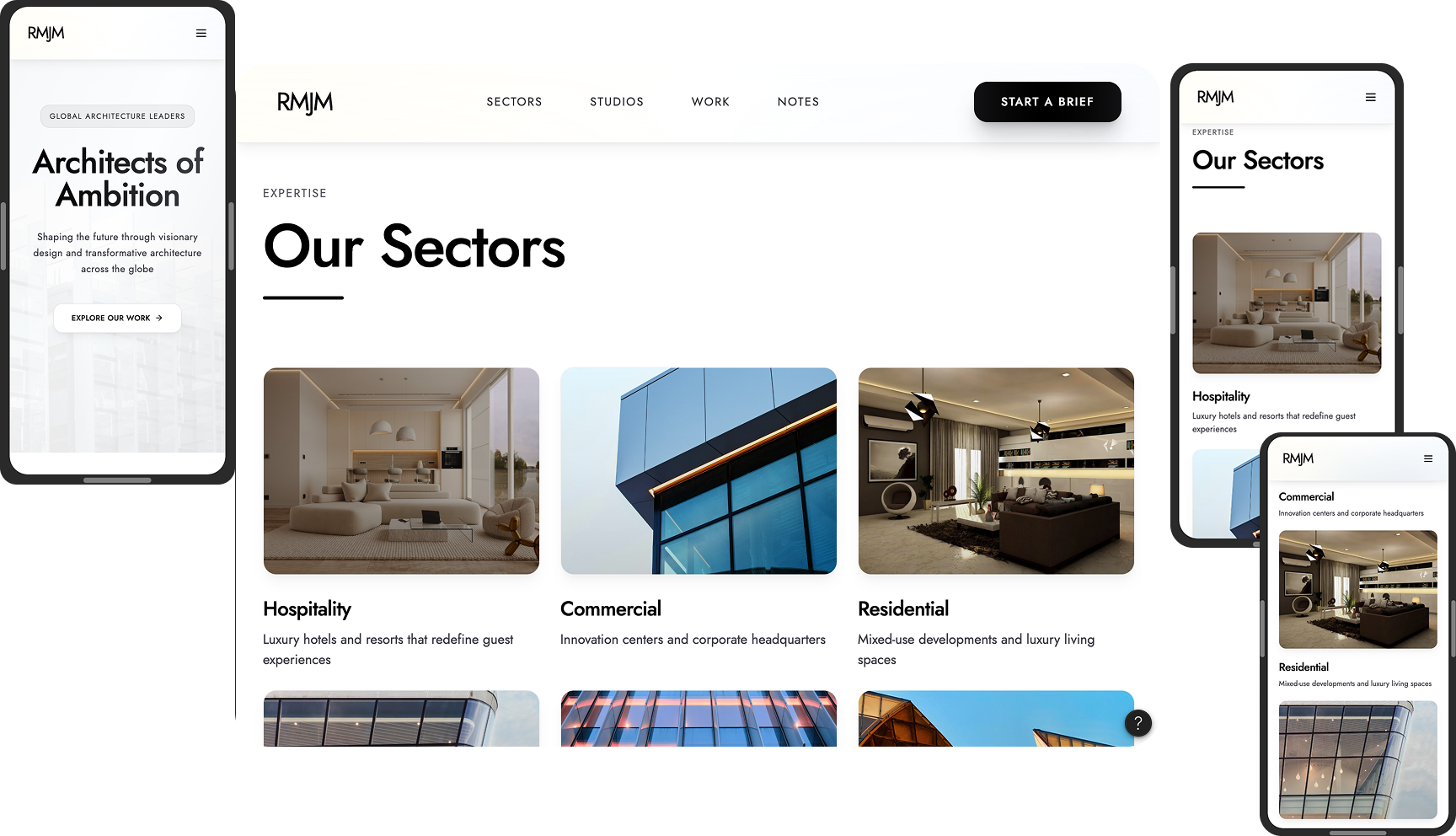RMJM hi-fi desktop and responsive composition — Our Sectors landing