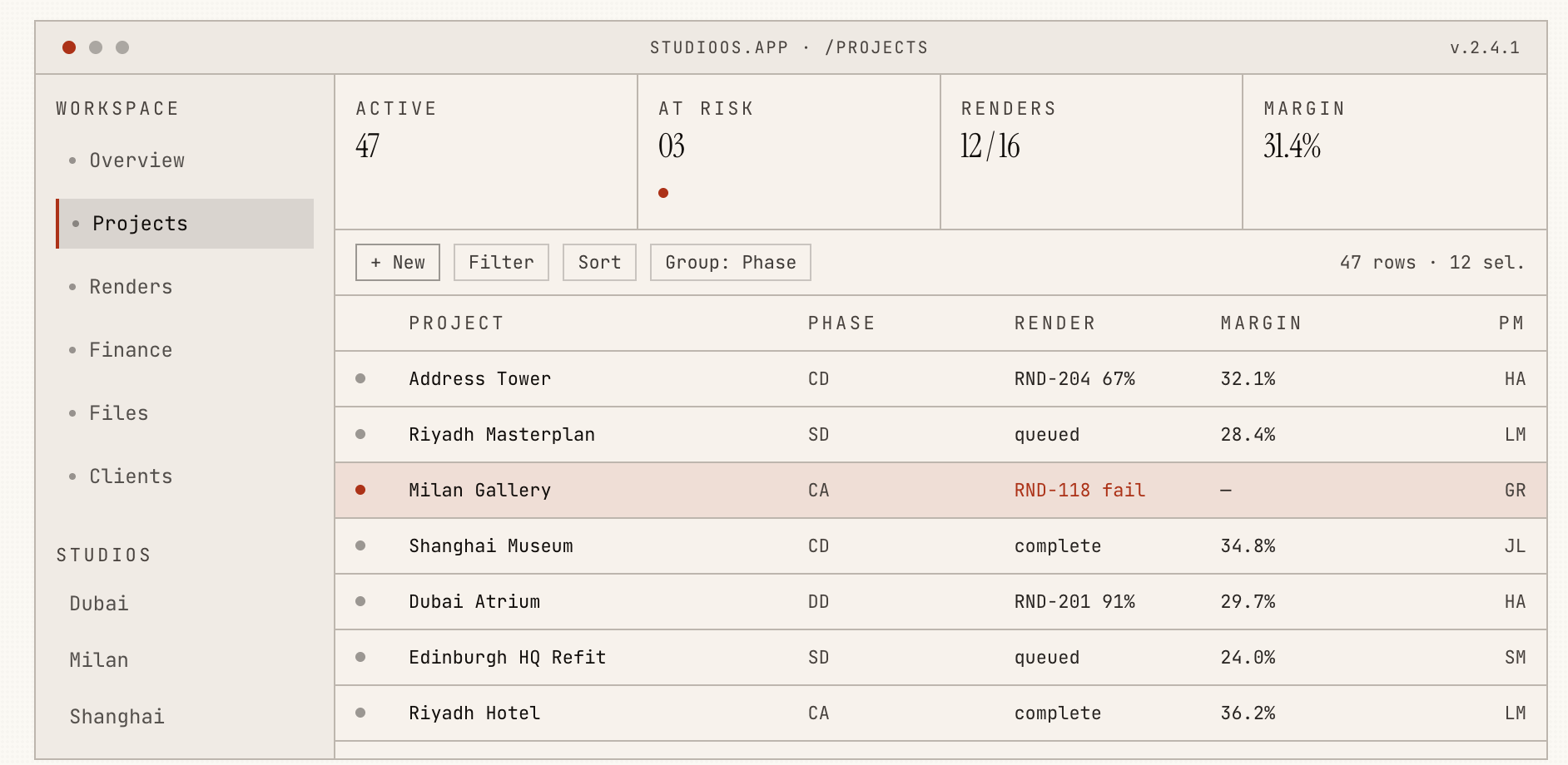 StudioOS structural wireframe — Projects workspace